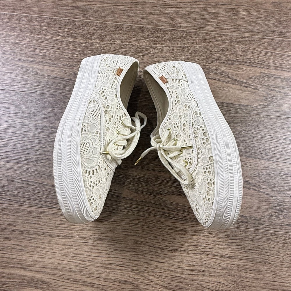 Keds Triple Lace Up Sneakers Cream Crochet Eyelet Floral Platform Low Top Shoes - Picture 12 of 16